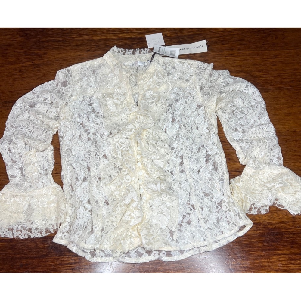 Lace Ruffle Floral Button down rancho estancia M - Picture 2 of 14